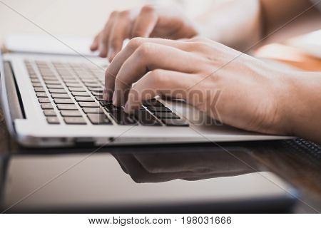 Morning Business Male. Male Hands Working On A Laptop. Horizontal Frame