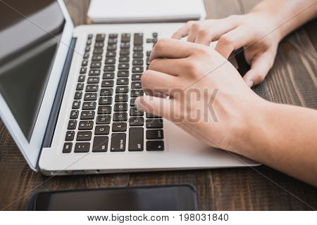 Morning Business Male. Male Hands Working On A Laptop. Horizontal Frame