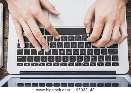 Morning Business Male. Male Hands Working On A Laptop. Horizontal Frame