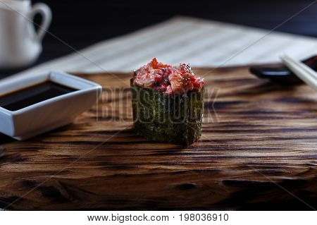 Japanese Food. Nigiri Sushi With Spicy Smoked Eel And Caviar, Se