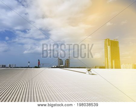 roof of metal sheet building with clear blue sky background