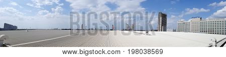 1 August 2017 Muangthong Thani Thailand ; Roof of metal sheet building with clear blue sky background.