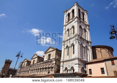 FERRARA, ITALY - JUNE 2017 : view of Castello Estense in Ferrara city. Castello Estense Este castle, Castello di San Michele, St Michael castle moated medieval castle in the center of town .