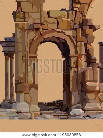 Painted dilapidated stone arch of ancient ruins