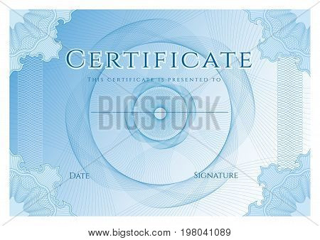 Certificate, Diploma of completion (design template, background) with bule guilloche pattern (watermark)