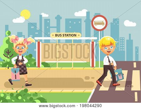 Stock vector illustration cartoon characters children, observance traffic rules, boy and girl schoolchildren classmates go to road pedestrian crossing, bus stop background back to school in flat style