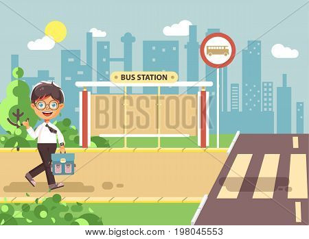 Stock vector illustration cartoon characters child, observance traffic rules, lonely brunette boy schoolchild, pupil go to road pedestrian crossing on bus stop background, back to school in flat style