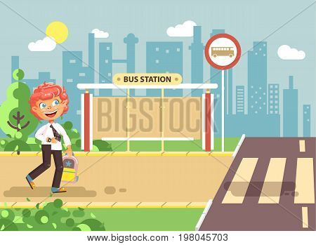 Stock vector illustration cartoon characters child, observance traffic rules, lonely redhead boy schoolchild, pupil go to road pedestrian crossing on bus stop background, back to school in flat style