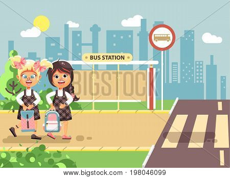 Stock vector illustration cartoon characters children, traffic rules, two blonde and brunette girls schoolchildren, pupils go to road pedestrian crossing, bus stop background back to school flat style