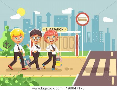 Stock vector illustration cartoon characters children, traffic rules, blonde, brunette, redhead boys schoolchildren, pupils go to road pedestrian crossing bus stop background back to school flat style