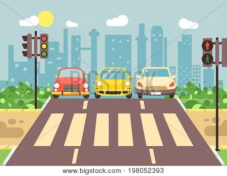 Stock vector illustration of roadside cartoon landscape with roadway, road, sidewalk and empty pedestrian zone with cars crossing flat style city background element for motion design, banner, web site