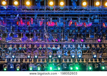 Lighting equipment on the stage. Multi-colored lights.