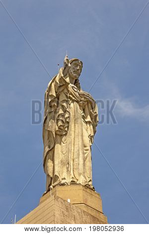 Jesus Christ statue on top of the Urgull mountain in San Sebastian. Basque country Spain