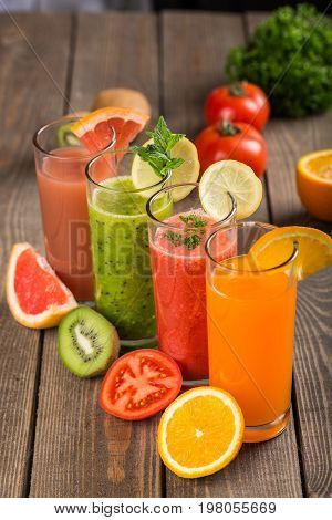 Juice various flasses table background wooden appetizing