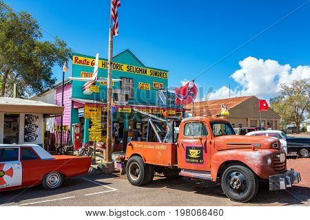 SELIGMAN AZ - SEPTEMBER 16: Old tow truck on Route 66 in Seligman AZ on September 16 2015