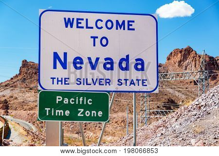 Welcome to Nevada sign on the border of Nevada and Arizona near Hoover Dam