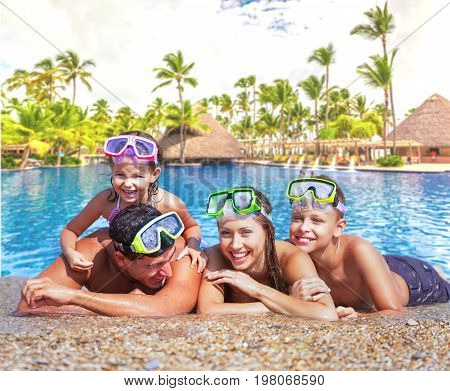 Pool happy family swimming recreational holiday female