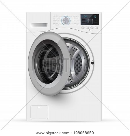 Realistic White Front Loading Washing Machine On A White Backgro