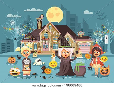 Stock vector illustration cartoon characters children Trick-or-Treat, girls costumes, fancy dresses skeleton, witch, Little Red Riding Hood celebrate holiday party Happy Halloween, pumpkins flat style