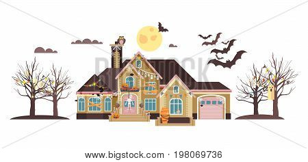 Stock vector illustration isolated cartoon house decorated pumpkins, skeletons celebrate holiday party Happy Halloween, brochure, flyer, leaflet or card for Trick-or-Treat flat style white background