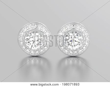 3D illustration two white gold or silver diamonds earrings with reflection on a grey background