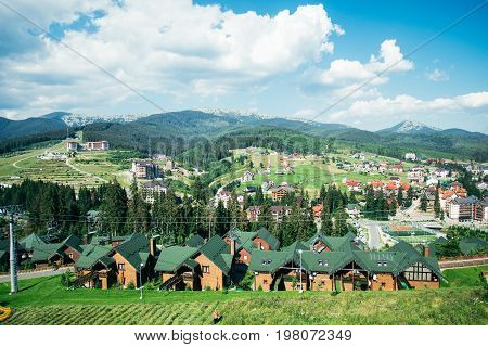 Mountain Village on a Sunny Summer day view from top