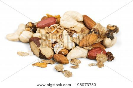 Heap nuts various healthy food white background isolated