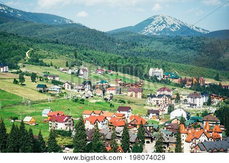 Mountain Village on a Sunny Summer day view from top
