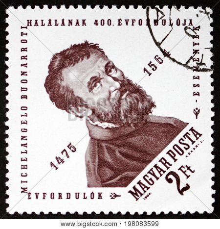 HUNGARY - CIRCA 1964: a stamp printed in Hungary shows Michelangelo Buonarroti Italian Sculptor Painter and Architect circa 1964