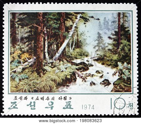 NORTH KOREA - CIRCA 1974: a stamp printed in North Korea shows Sobaek Stream in the Morning Korean Painting circa 1974