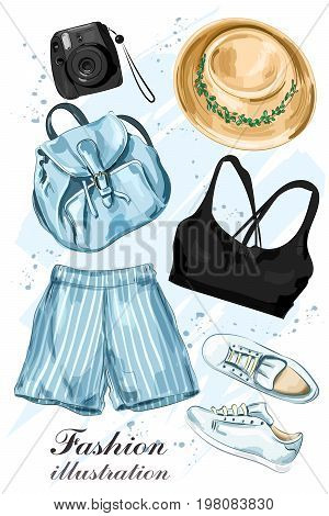 Stylish summer clothing set with hat, shorts, crop top, shoes, backpack and photo camera. Fashion clothes. Sketch. Vector illustration.