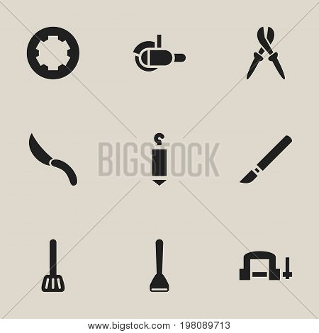 Set Of 9 Editable Equipment Icons. Includes Symbols Such As Potato Peeler, Kitchen Spatula, Mincing Machine And More
