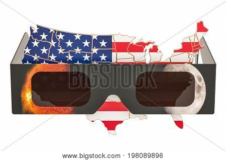 Solar Eclipse in USA concept American map with solar eclipse glasses. 3D rendering
