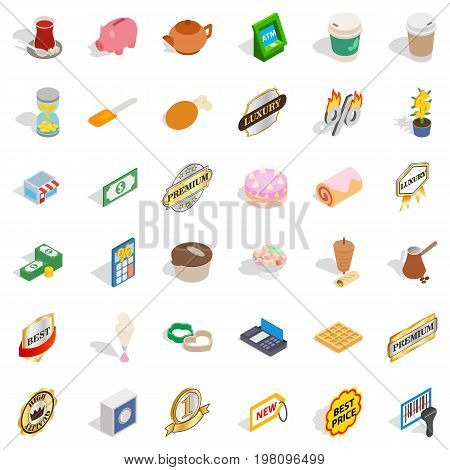Hot drink icons set. Isometric style of 36 hot drink vector icons for web isolated on white background