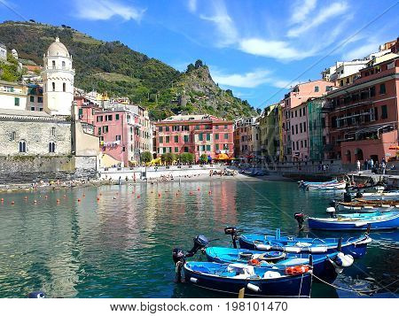 Vernazza, Cinqueterre, showing boating fleet on the Italian Riviera.