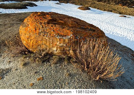 Unusual round red boulders in Red Rock Coulee in Southern Alberta, Canada.