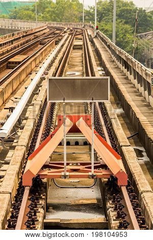Detail of rail yard tracks and endstation BTS in Thailand.
