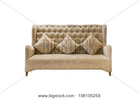 Luxury velvet upholstered sofa with cushions isolated on white background with clipping path.