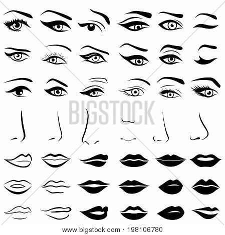 Set Of Human Eyes, Noses And Lips