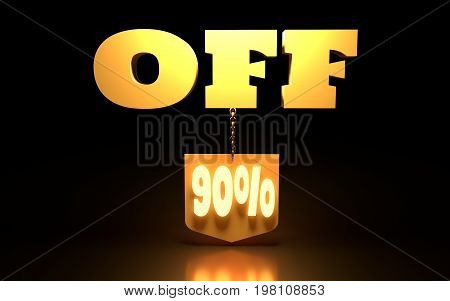 90 Percent Discount Sign. Special Offer Discount Tag. Sale Up to 90 Percent Off. Shield hanging from a chain. 3D rendering