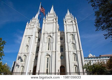 Salt Lake City, Utah, USA - October 8, 2016. Facade of the Salt Lake Temple of The Church of Jesus Christ of Latter-day Saints