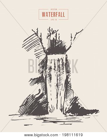 Vintage illustration of beautiful waterfall, hand drawn