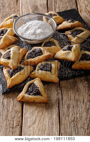 Backed Hamentashen, Ozen Haman, Purim Cookies For The Jewish Holiday Purim Close-up. Vertical