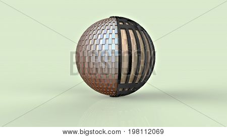 3D rendering. Sphere. Visualization of the ribbed sphere from the material of beige color. The ball is enclosed in a metal mesh. Illustration of the geometry and jewelry.
