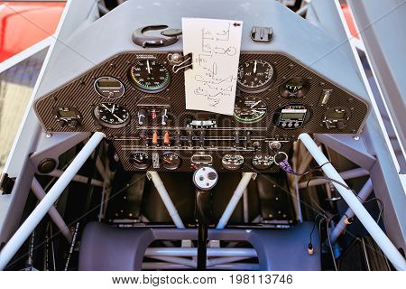 Salon with the instruments of a sports aircraft with a pre-flight.
