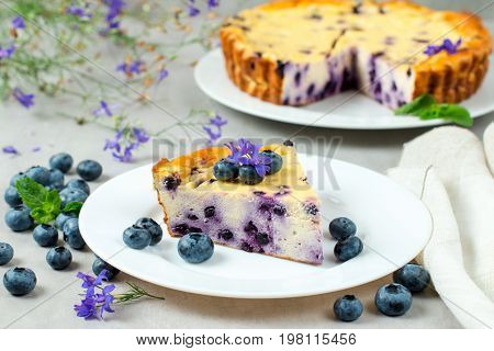 Piece of blueberry cheesecake on plate on a gray background