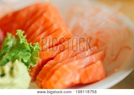 Japanese Food. Japan Fresh Salmon Fish Seafood Sashimi Served With Wasabi Paste.