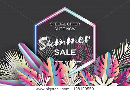 Trendy Summer Sale Template banner. Paper art Tropical palm leaves, plants. Exotic. Hawaiian. Space for text. Hexagon frame. Colorful jungle floral background. Monstera. Vector illustration