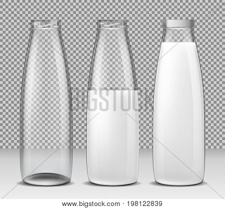 Set of vector isolated illustrations, icons, glass bottles for milk and dairy products empty, half full and full bottle sealed with a cap. Print, template, design element