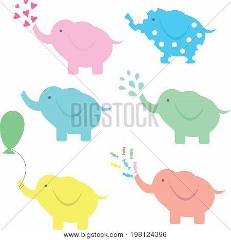 Funny elephant cartoon collection, heart, water, balloon and candy.